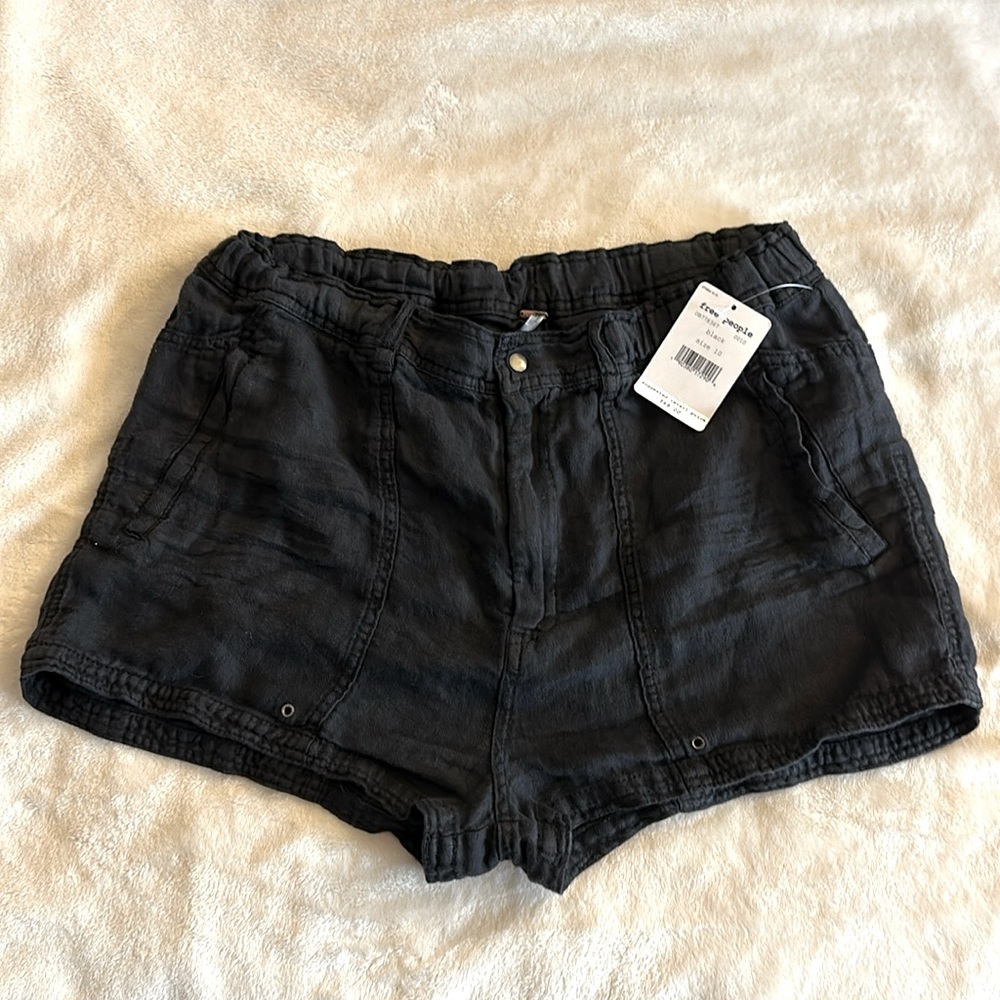 Free People Black Beacon Utility Linen Shorts